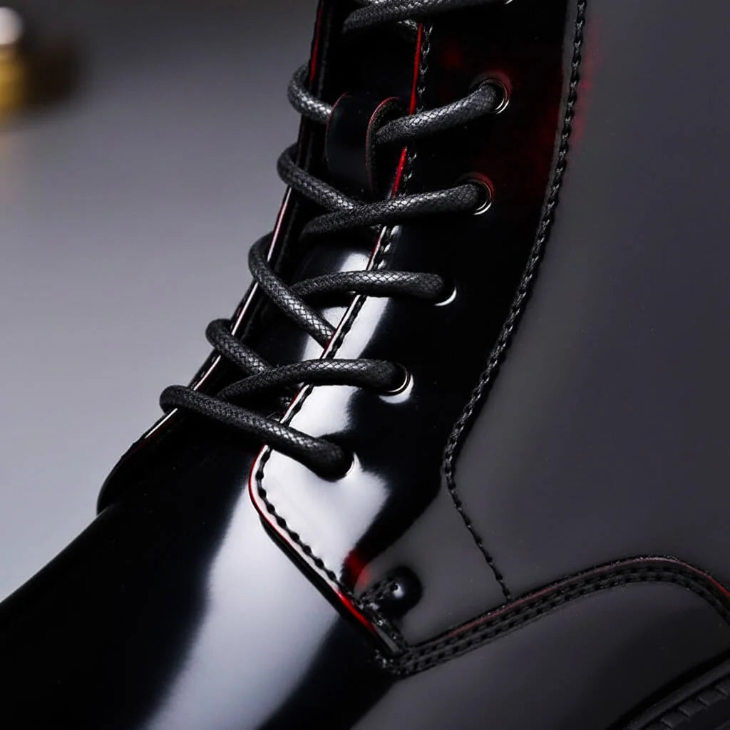 Close up of the laces and red-edged eyelets on high-gloss black boots