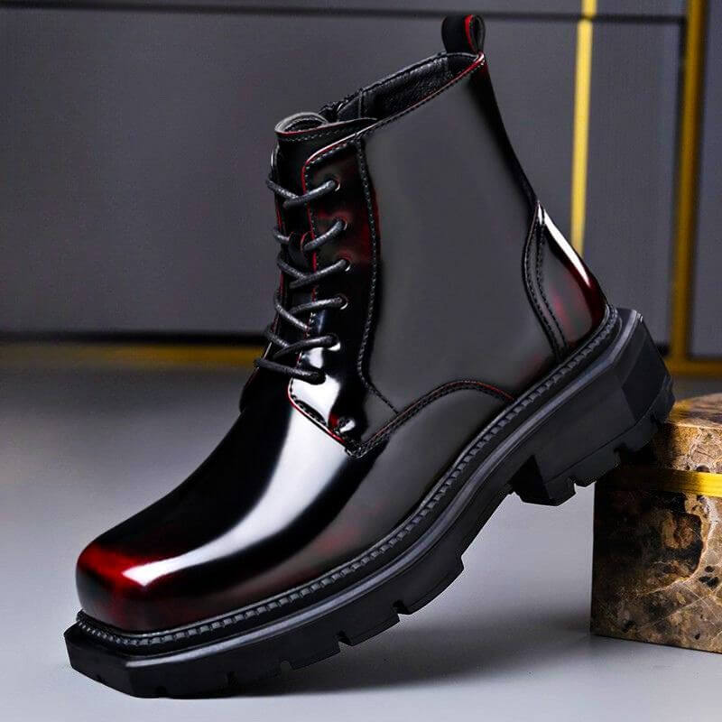 Crimson red high-gloss lace up boots with a square toe and chunky lug sole