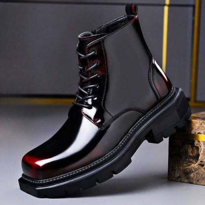 Crimson red high-gloss lace up boots with a square toe and chunky lug sole