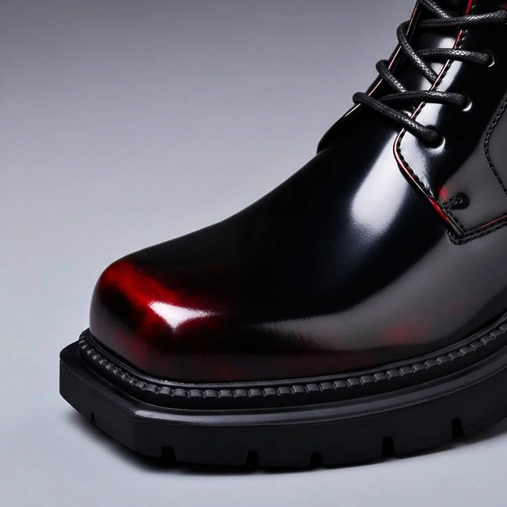 Close up of the square toe and red burnished gloss finish on black lace up boots