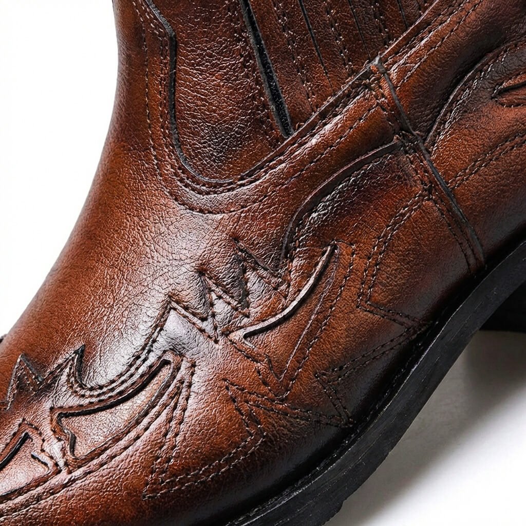 Close up of the tooled Western overlay stitching on cognac brown leather Chelsea boots