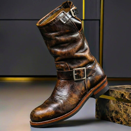 Brown engineer boots with buckle straps at the instep and top of the shaft