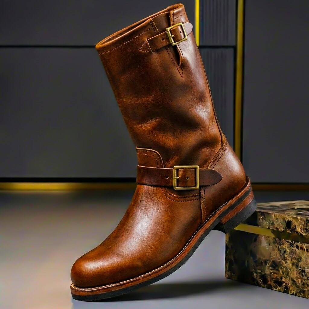 Cognac brown engineer boots with mid-calf shaft and buckle straps, side view