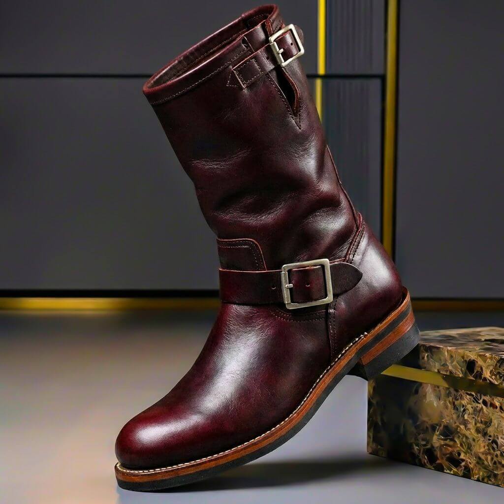 Burgundy red engineer boots with buckle straps and rounded toe