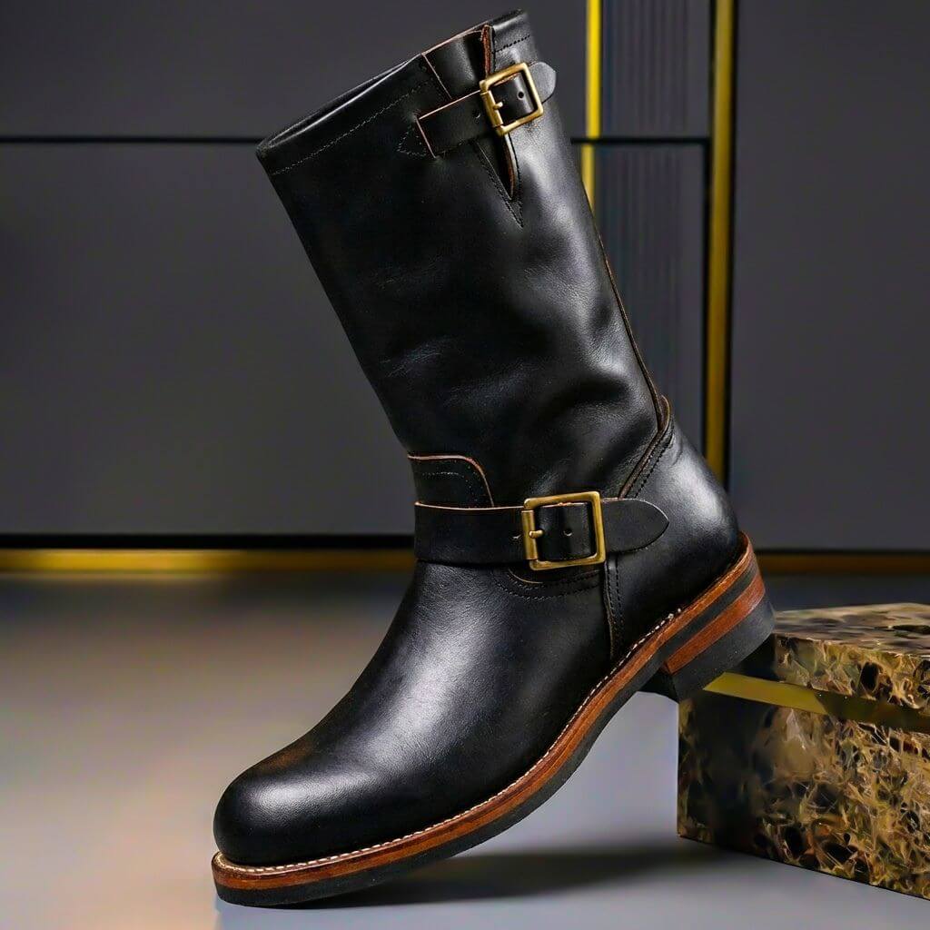 Obsidian black engineer boots with brass buckle straps and a low stacked heel