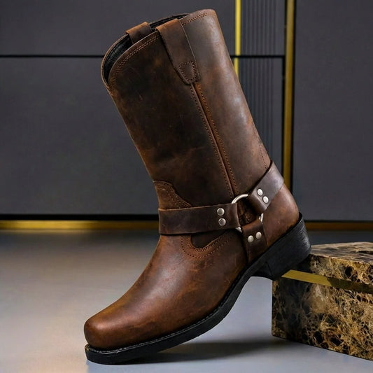 Cognac brown harness boots with a ring strap at the ankle and mid-calf shaft