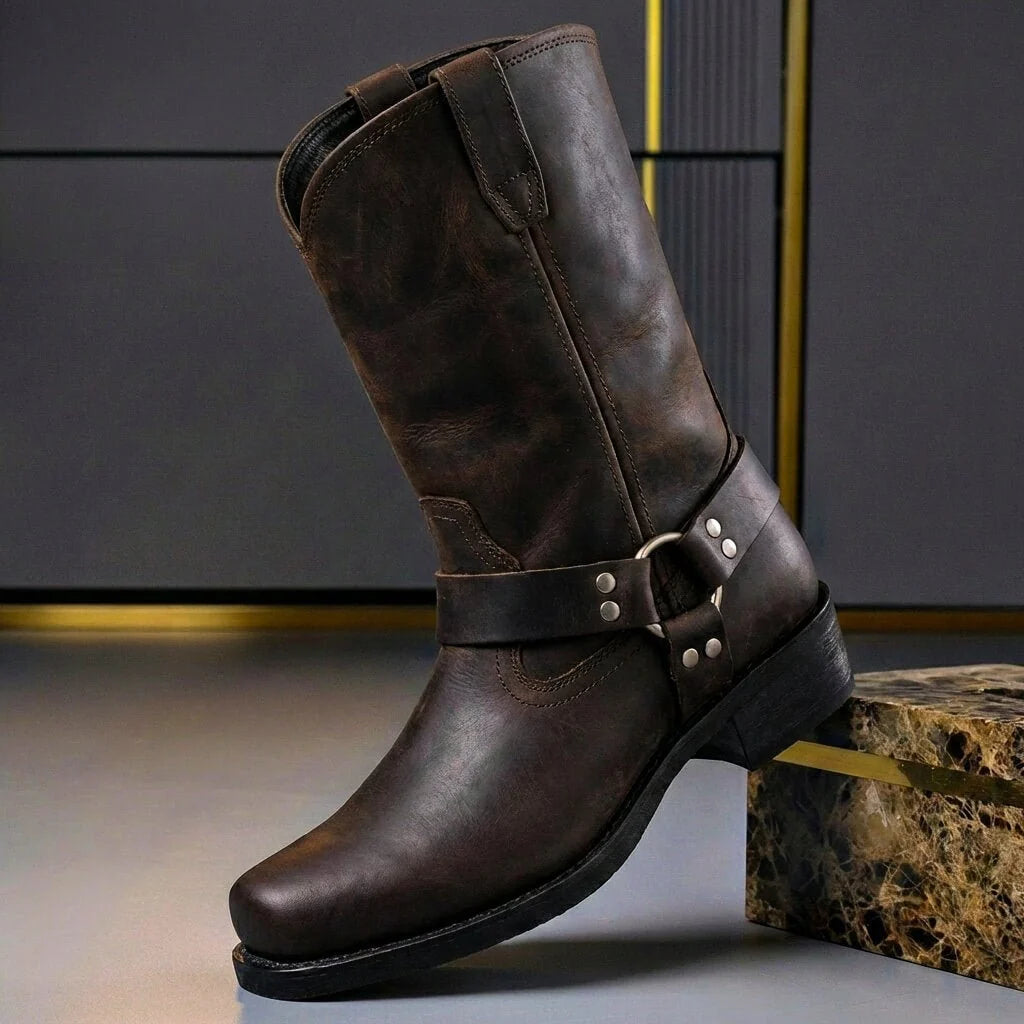Oak brown harness boots with a square toe and ring strap, side view