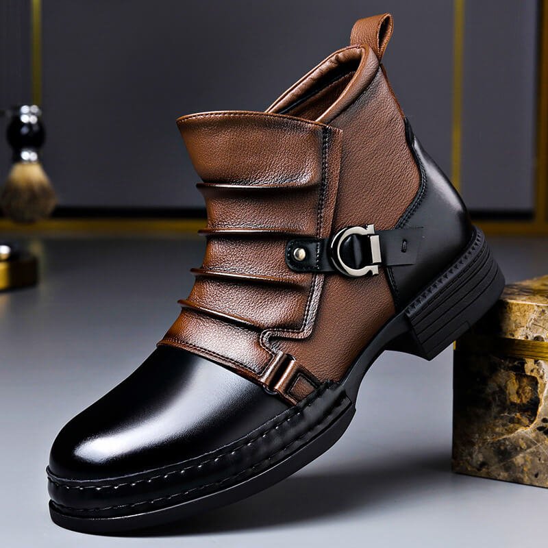 Oak brown two-tone buckle ankle boots with a ruched leather shaft, silver buckle and black toe cap, side view