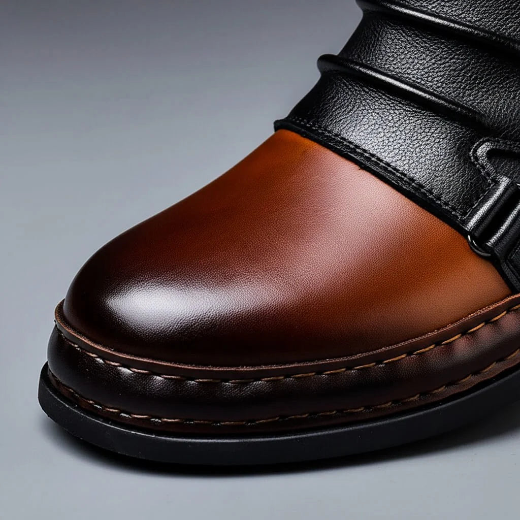 Polished cognac brown toe cap with contrast stitching and black rubber sole on two-tone ankle boots, close up